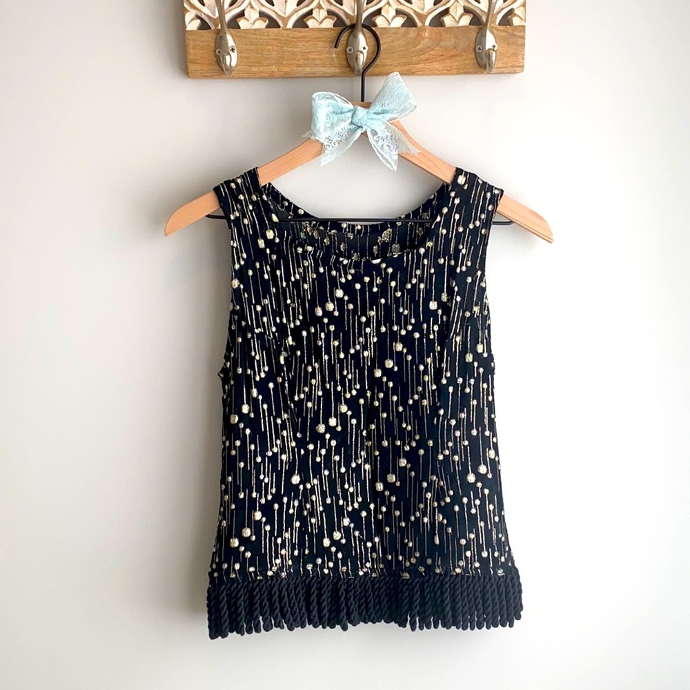 Black Semi Sheer Tank Top Blouse with Sparkle Gold Dots and Fringe Hem XS